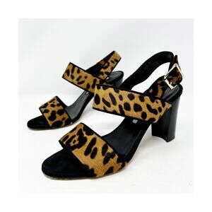 Manolo Blahnik Leopard Calf Hair Block Heel Sandals Womens Size EU 37